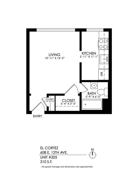 Floor plan for studio, 1 bath, 325 sqft